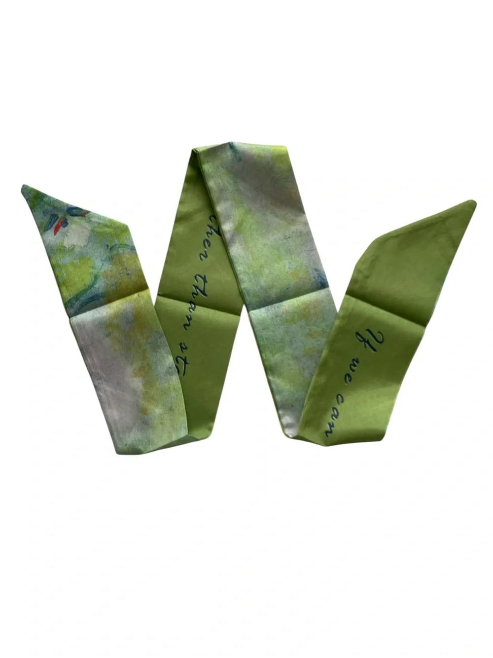 Green Watercolor Skinny Bag Scarf with Script Accent